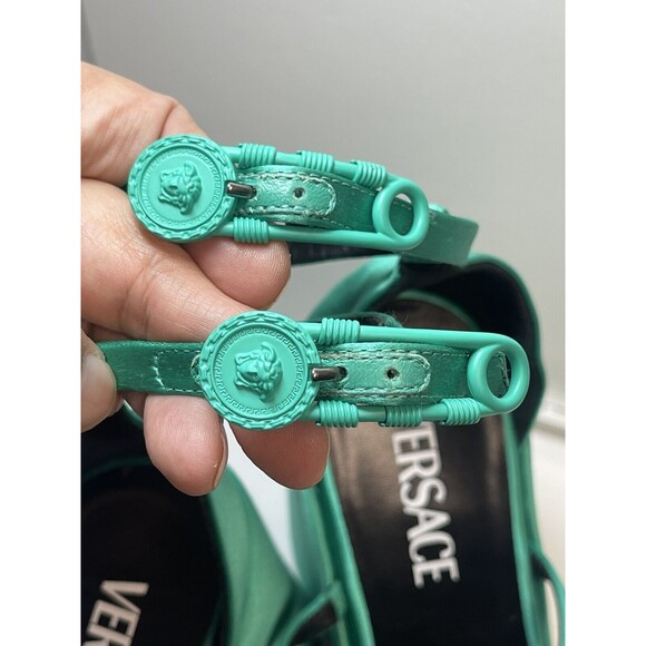 Versace Satin Three Strap Platform Wedge Sandal Heels In Emerald Green Sz 37 1/2 - Picture 7 of 9